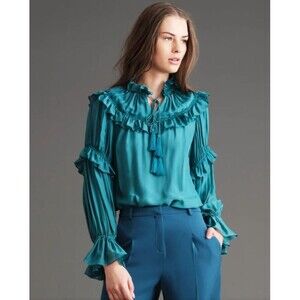 Haute Hippie Gracie Blouse NWT Double Tassel Silk With Shirring Retail $375 Sz L